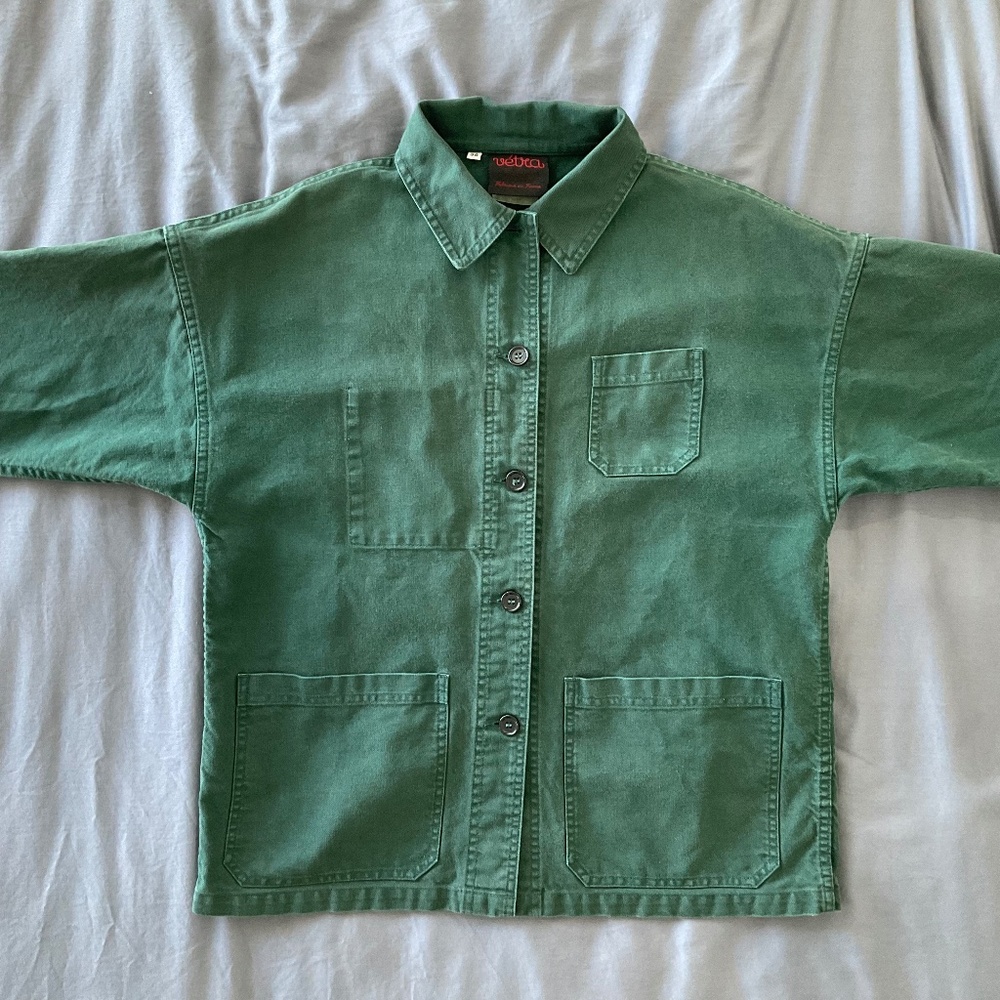 Organic green cotton Vetra chore jacket, made in France, size 38 or small